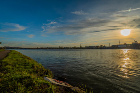 Danube river near Linz city in autumn sunset color eveningの写真素材