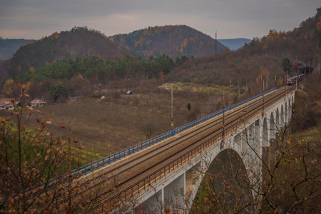 Big viaduct over valley of river Libochovka in autumn cloudy dark dayの写真素材