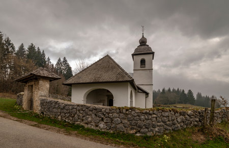 Sveta Katarina church above Zasip village in spring morning in northern Sloveniaのeditorial素材