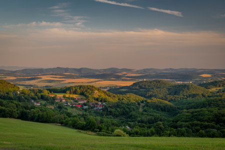 Color evening on Slovakia part of border in Bile Karpaty mountains in hot summer