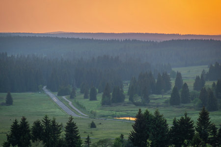 Color evening meadow near Bozi Dar village with beautiful sunsetの写真素材