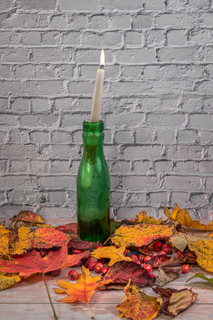 Green bottle and candle white brick wall autumn color tree leavesの写真素材