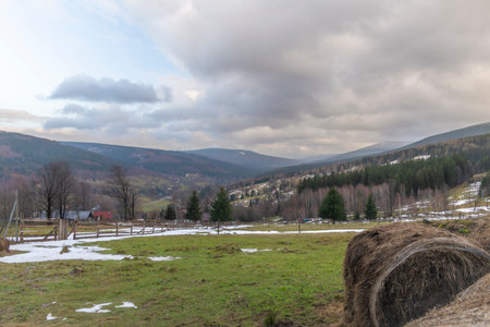 View over Swieradow Zdroj spa town on Kwisa river valley in Krkonose mountains