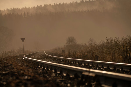 Railway track for engine unit passenger trains in autumn foggy cold morningの写真素材