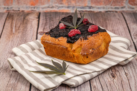 Chocolate and fruity yellow cake with marijuana butter and red raspberry