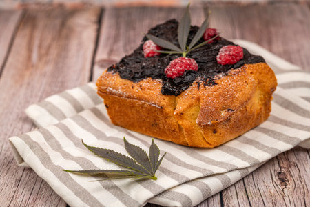 Chocolate and fruity yellow cake with red raspberryの写真素材