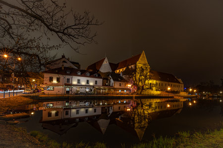 View for old town and colored water in center of Ceske Budejovice CZ 11 12 2024の写真素材
