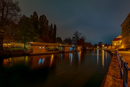 View for old town and colored water in center of Ceske Budejovice CZ 11 12 2024の写真素材