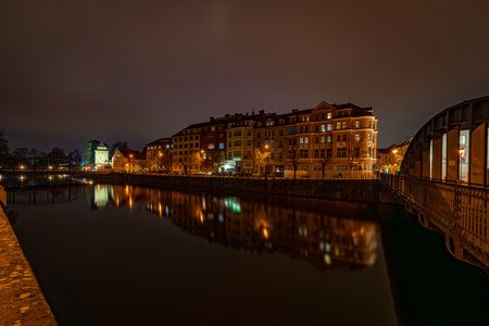 View for old town and colored water in center of Ceske Budejovice CZ 11 12 2024の写真素材