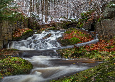 Valley of river Cerna Nisa and small waterfalls in autumn cloudy morningの写真素材