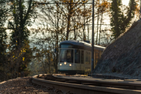 Old mountain tram in sunny autumn evening in Linz Austriaの写真素材