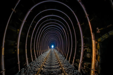 Tunnel near Mikulov village in Krusne mountains in winter fresh dayの写真素材