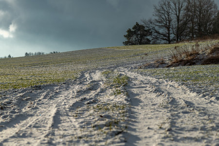 Sunrise with orange sun and winter snowy landscape near Nepomuk Bohemia townの写真素材