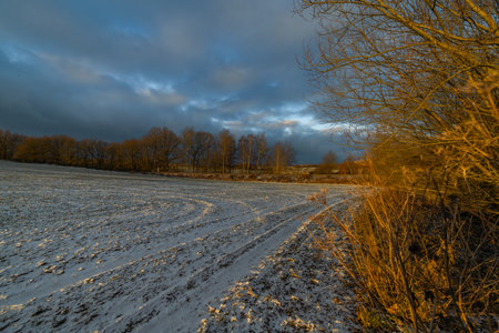Sunrise with orange sun and winter snowy landscape near Nepomuk Bohemia townの写真素材
