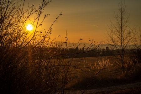 Sunset in winter evening near Trocnovの写真素材