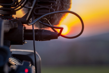 Camera and microphones on tripod in mountains with sunset near Vysoke nad Jizerou in north Bohemiaの写真素材