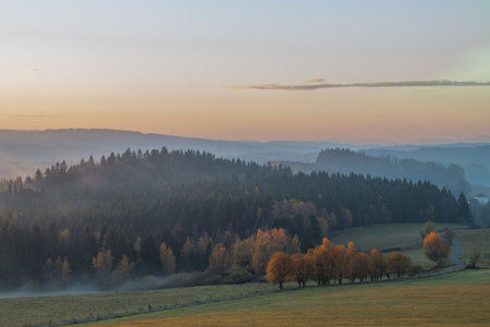 Color fresh sunrise morning in Sumava mountains near Lipno reservoir near Horice na Sumavaの写真素材