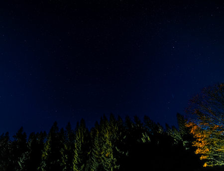 Autumn full moon night with clear starry sky in Krusne mountainsの写真素材