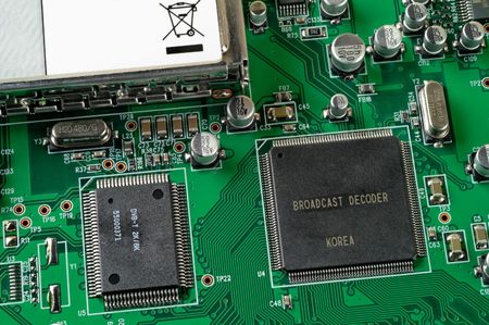 Digital TV board that goes inside a PC. Decoder chip and high frequency shielded stage is visible