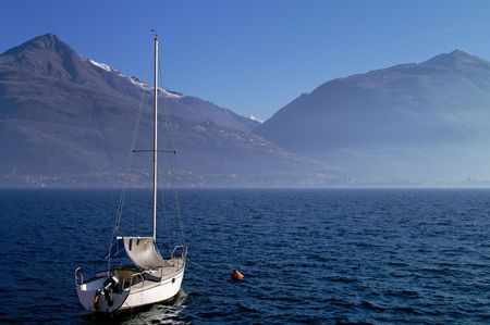Moored sailboat in breezeの写真素材