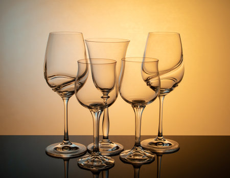 a group of transparent wine glasses on a colored luminous backgroundの写真素材