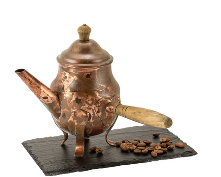 old copper coffee pot isolate on white backgroundの写真素材