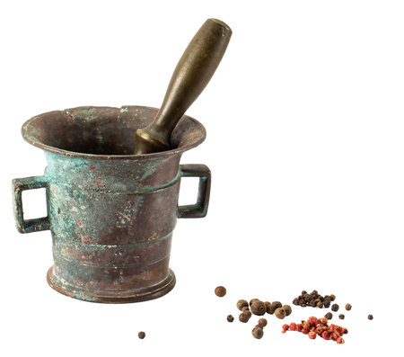 old bronze mortar for pepper isolate on white backgroundの写真素材