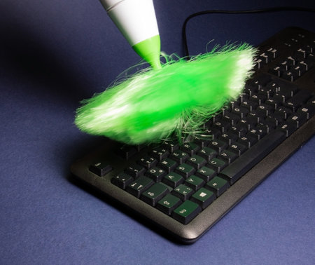 cleaning a computer keyboard from dust with an electric brushの写真素材
