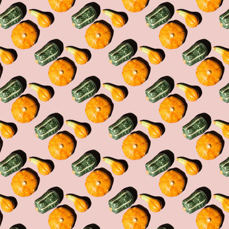 pattern of mini halloween pumpkins on a pink backgroundの写真素材