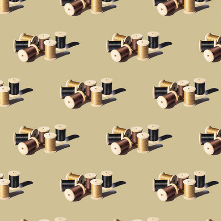 Seamless pattern of wooden spools with threads of different colors