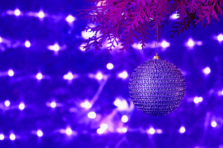 Christmas card, blue shiny ball on a coniferous branch on a blue glowing backgroundの写真素材