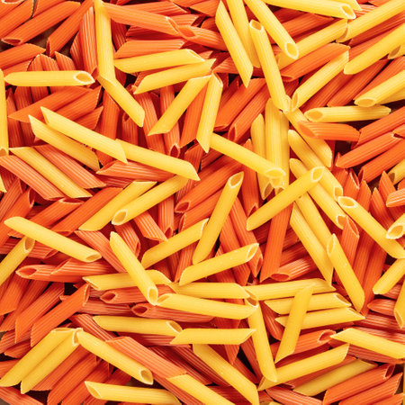 Food background from a mix of yellow and orange Italian pasta.Close up.の写真素材