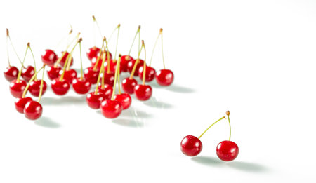 Clusters of ripe cherries on a white mirror background.の写真素材