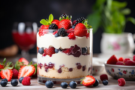 Exquisite Berry Dessert with Fresh Mint on Wooden Plate, Light Background Food Photographyの素材
