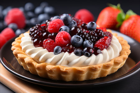 title. Delectable and Refreshing Berry Dessert with Fresh Mint on a Rustic Wooden Plate,の素材