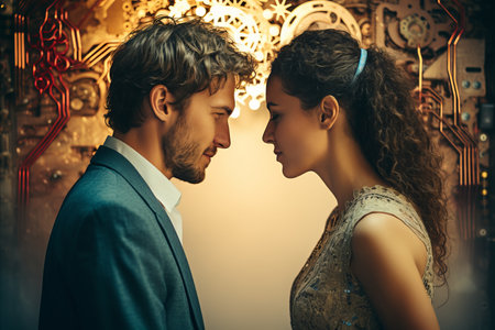 Profile of a Loving Couple - Young Man and Woman Against a Technological Backgroundの素材