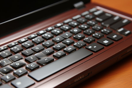 Close-up View of Laptop Keyboard on Office Desk with Productivity Tools and Stationeryの素材