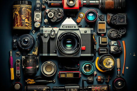 Technological background - photo camera and various accessories for it are laid out on the tableの素材