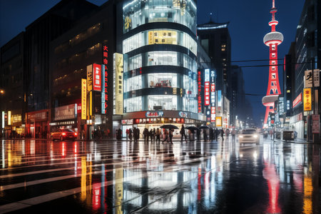 Futuristic Cityscape with Towering Skyscrapers, Glowing Billboards, and Busy Trafficの素材
