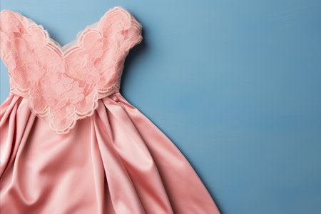 Pink lace dress on elegant blue background. Beautiful template for greeting card with space for textの素材