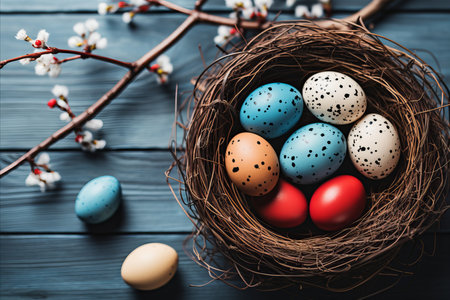 Easter Egg Adornment. Delicate Pastel-Colored Floral Decorations Illuminated by Soft Natural Lightの素材