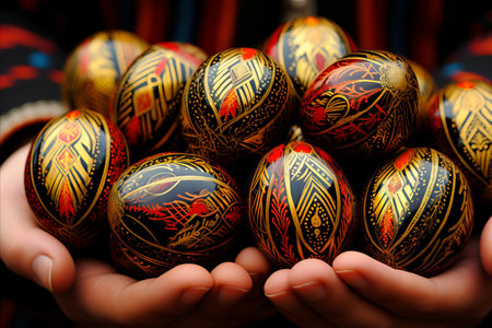 Intricate Easter Egg Decoration by Delicate Hands with Pastel Paintbrushes under Soft Illuminationの素材