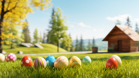 Panoramic Close-Up. Sunlit Easter Eggs Adorned on Vibrant Green Lawn for Festive Spring Celebrationの素材