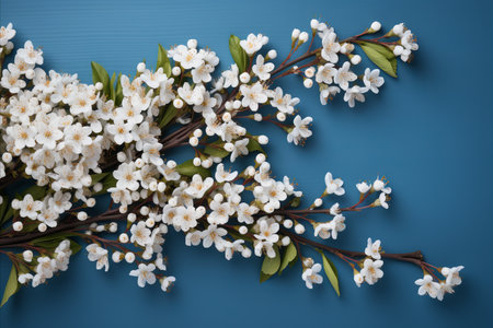 Easter Greeting Card Template. Blossoming Branch on Blue Wooden Background, Copy Spaceの素材