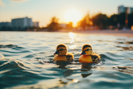 Cute baby ducklings swimming leisurely in the lake with a picturesque cityscape in the backgroundの素材