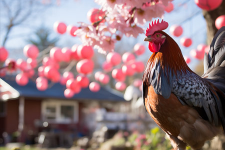 Vibrant Rooster with Colorful Easter Eggs - Festive Spring Farmyard Decoration and Celebrationの素材