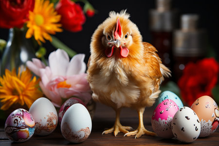 Cute and Serious Chick in the Midst of Colorful Easter Eggs and Delicate Spring Blossomsの素材