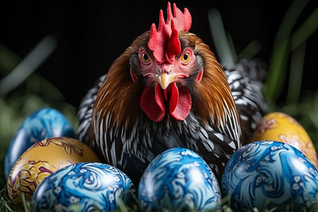 Festive Rooster amidst Colorful Easter Eggs - Vibrant Spring Decor for Joyful Celebrationsの素材