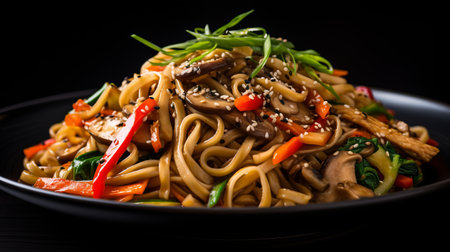 Chinese Noodle Dish with Mushrooms and Greens - Traditional Asian Cuisine Conceptの素材