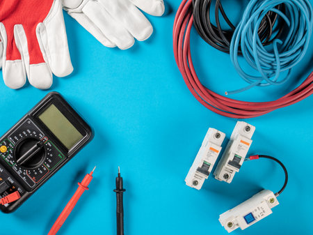 Professional electrical tools, wires, and accessories set with copy space for text